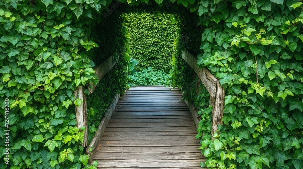 small wooden bridge covered in ivy, leading to a secret garden small wooden bridge covered in ivy, leading to a secret garden