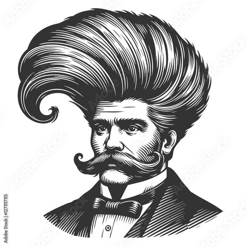 gentleman with an incredibly large, curly hairstyle, blending humor, surrealism, and vintage artistic style sketch engraving generative ai vector illustration. Scratch board. Black and white image.