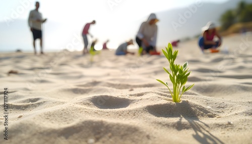 A sandy beach scene with a small green plant emerging from the sand in the foreground. Blurred figures of people in the background are engaged in planting activities. Soft sunlight illuminates the set