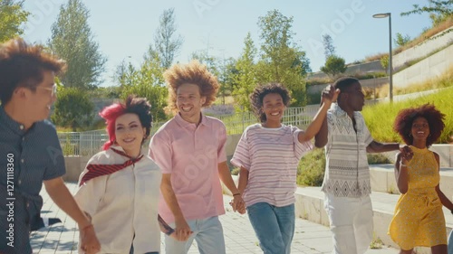 Happy playful multiethnic group of young friends bonding outdoors - Multiracial millennials students meeting in the city, concepts of youth, people lifestyle, diversity, teenage and urban life