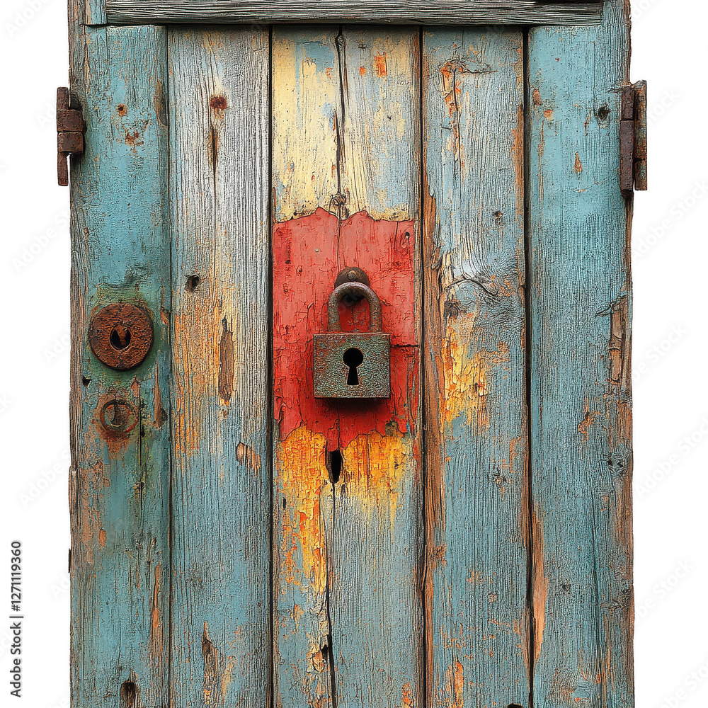 A broken wooden door with a rusty padlock isolated on transparent background.PNG A broken wooden door with a rusty padlock isolated on transparent background.PNG