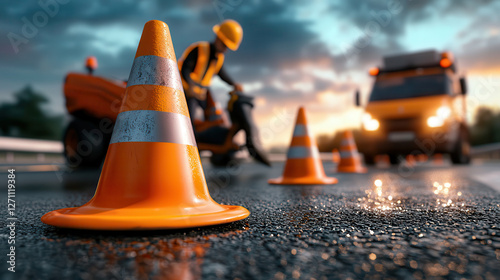 Roadwork safety scene featuring orange traffic cones, construction worker, and machinery at sunset. vibrant colors and reflective surfaces create dynamic atmosphere
