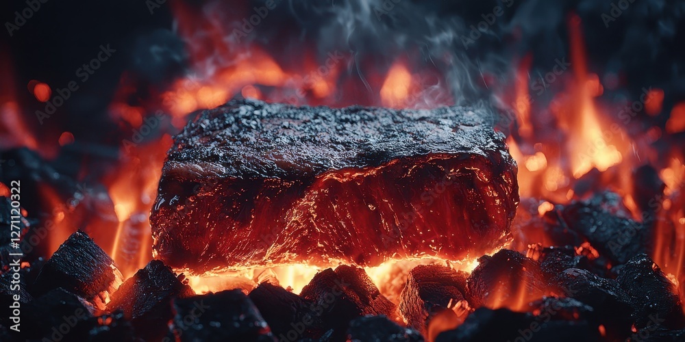 Fototapeta premium Juicy charcoal steak idea. Glowing beef steak on hot embers creating a fiery ambiance.