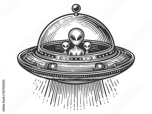 UFO with three aliens inside, emitting beams of light, drawn in an engraving aesthetic sketch engraving generative ai vector illustration. Scratch board imitation. Black and white image.