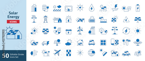 Solar Energy Blue Icons Set. Solar Panel, Green Energy, Sun Energy, Solar Battery, Energy Saving, Solar House, Ecology, Electricity, Renewable Energies Editable Stroke Vector Illustration