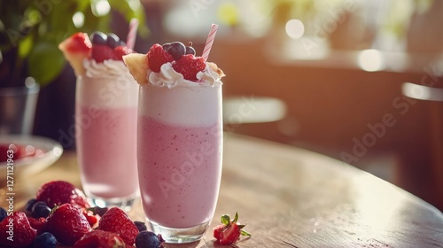 Refreshing Berry Smoothies and Summer Salads - Two delicious berry smoothies topped with whipped cream and fresh fruit, symbolizing summer, refreshment, health, deliciousness, and vitality photo