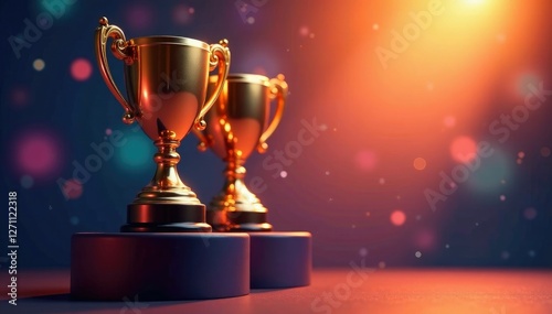 Shiny trophies on a pedestal with colored background blur, trophy, prize, light