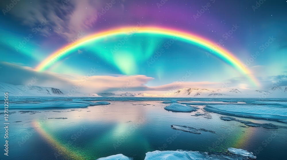 double rainbow aurora stretching across the Arctic sky, illuminating the icy tundra below with its surreal colors. double rainbow aurora stretching across the Arctic sky, illuminating the icy tundra below with its surreal colors.