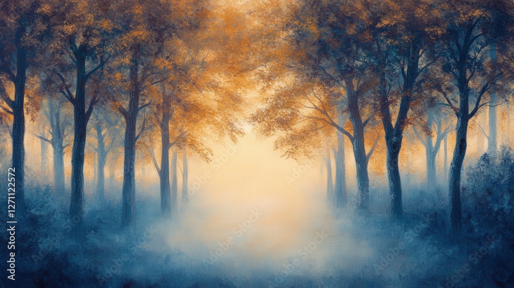 misty forest where the trees glow softly, illuminating the foggy landscape misty forest where the trees glow softly, illuminating the foggy landscape