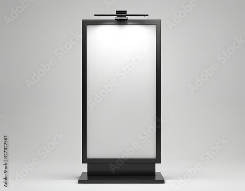 Mock up of blank advertising poster stand with metal backlighting, curved LED totem lightbox. 3D render illustration of empty billboard panel with frame for commercial design. Outdoor marketing