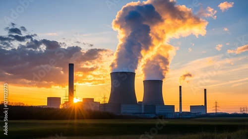 Stunning sunset view of a nuclear power plant releasing steam with vivid colors in the sky : Generative AI photo