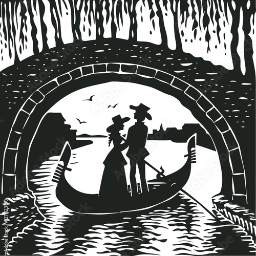 Vector illustration in a woodcut style of a couple on a gondola passing under a bridge in Venice, Italy.  Romantic scene ideal for travel or romance themes.