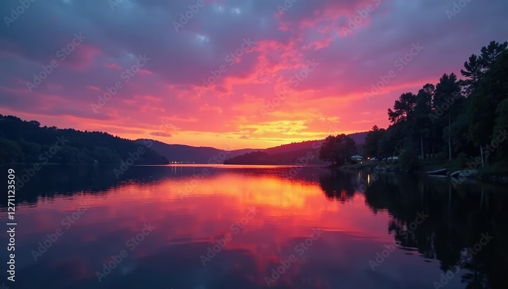 Fototapeta premium Quiet lake at sunset with surrounding trees and a few lights in the distance, peaceful,