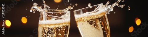 Two champagne glasses being filled with foam and bubbles photo