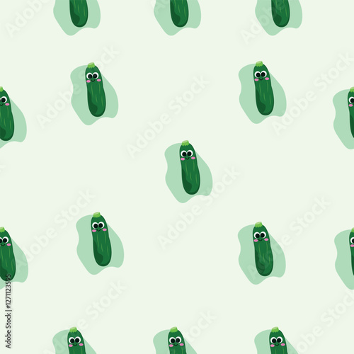 Seamless pattern with adorable green zucchini with friendly faces on a light green background