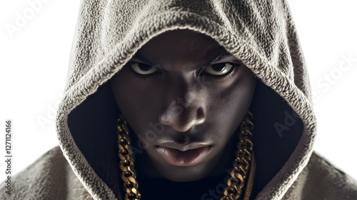 Dramatic portrait of mysterious African American male in gray hood with gold chain necklace isolated on white background, urban fashion photography, modern lifestyle