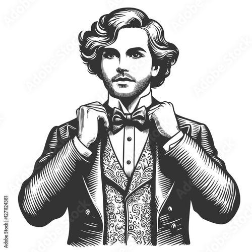 well-dressed gentleman adjusting his bow tie, featuring classic fashion and elegant details sketch engraving generative ai vector illustration. Scratch board imitation. Black and white image.