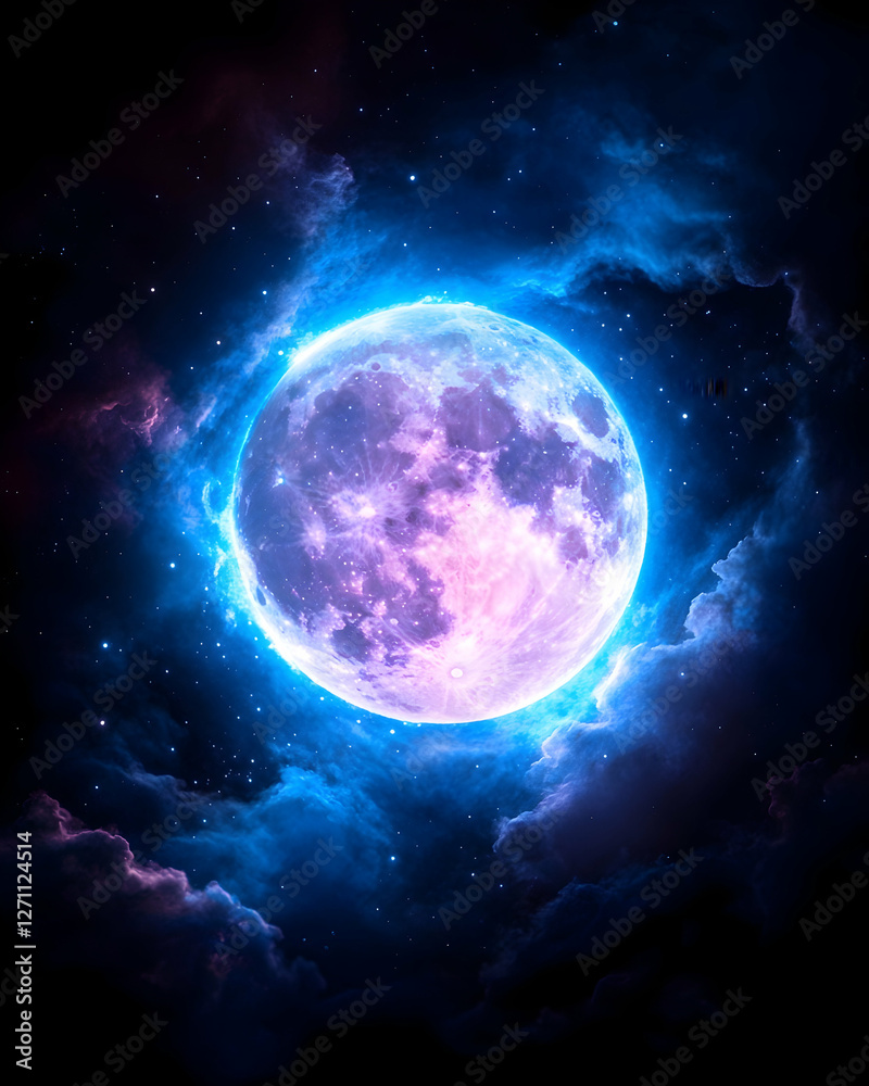 Fototapeta premium Majestic moon glowing brightly amid wispy clouds in night sky, for celestial themes