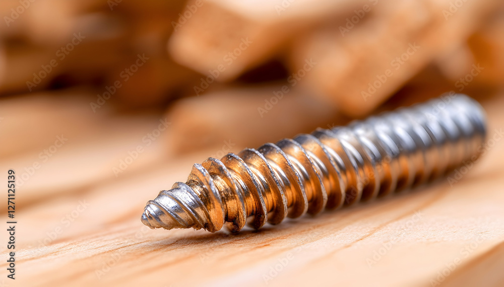 Metal screw on wood surface. Pile of wooden squares in the background. Stock use Metal screw on wood surface. Pile of wooden squares in the background. Stock use