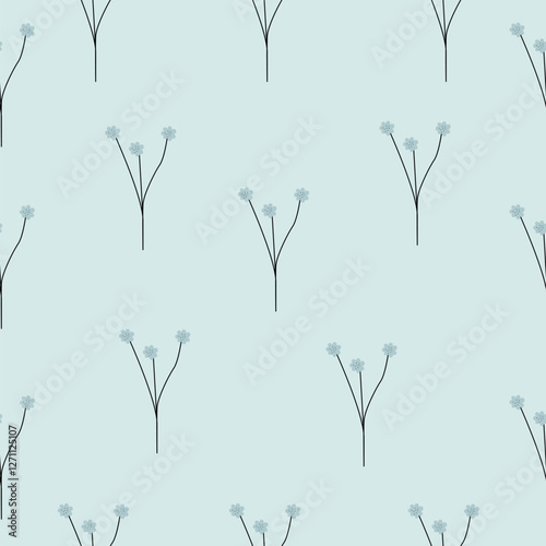 Seamless pattern with small light blue flowers on curved black stems against a pale blue background. Gentle and calming botanical theme