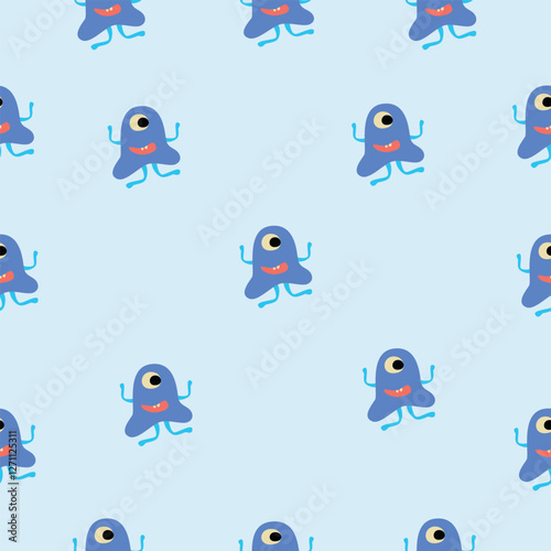 Seamless pattern with blue one-eyed blob monsters on a light blue background. Lighthearted and whimsical style