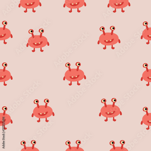 Seamless pattern with red monsters with antennae and round bodies on a light beige background. Cute and quirky design
