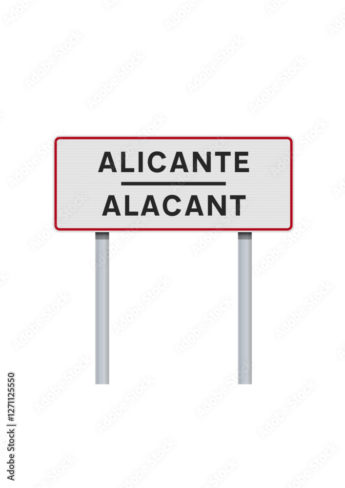 Vector illustration of the City of Alicante, Alacant in Catalan (Spain) entrance road sign on metallic posts Vector illustration of the City of Alicante, Alacant in Catalan (Spain) entrance road sign on metallic posts