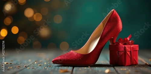 High heel shoe with a small red gift box attached to the toe, christmas, luxury