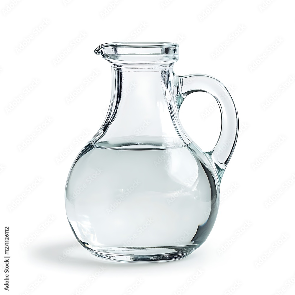 Clear glass pitcher filled with water on a white background. Clear glass pitcher filled with water on a white background.