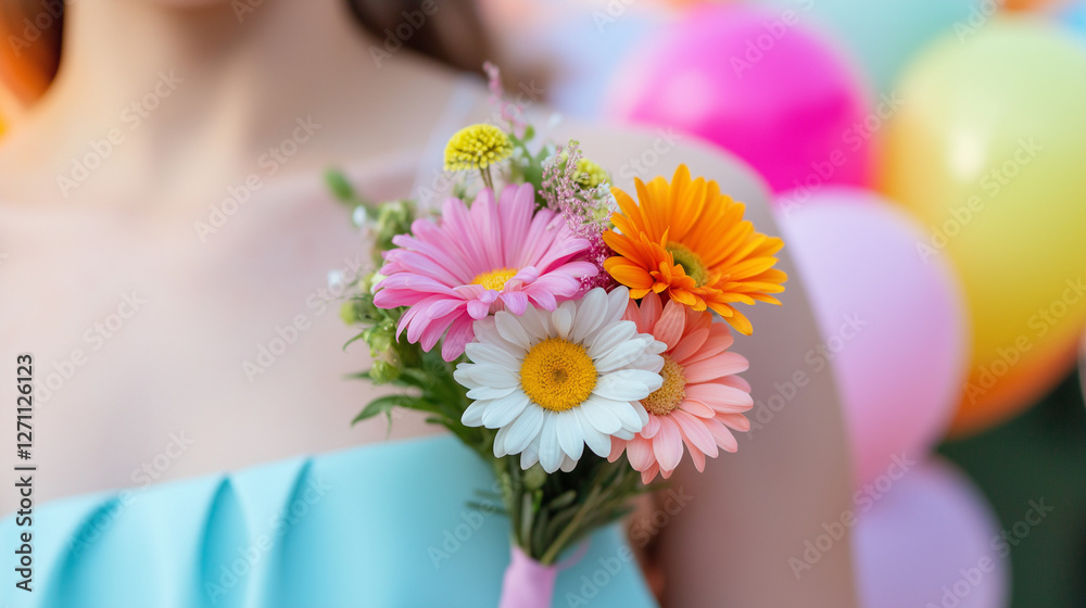 Naklejka premium Woman in festive attire with spring corsage, celebrating Women's Day amidst balloons and banners.