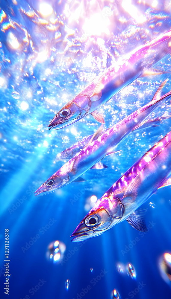 Fototapeta premium Needlefish school swims under the sun, bubbles rise. Marine biology study