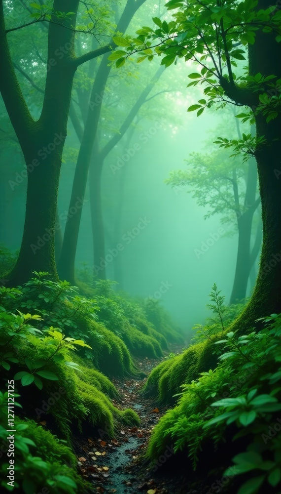 Fototapeta premium Green foggy atmosphere with wet moss and leaves, landscape, leafy
