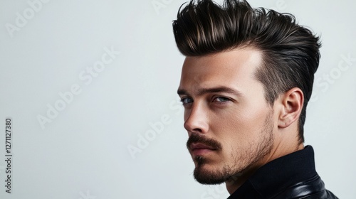 Close-up of a man with a pompadour hairstyle and a sharp goatee, isolated on a white background, radiating a sleek and edgy vibe