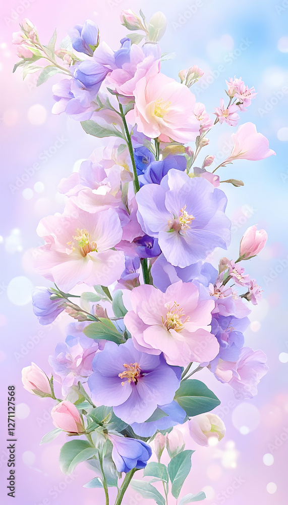 Pastel-colored flowers cascading against a soft, blurred backdrop for spring themes Pastel-colored flowers cascading against a soft, blurred backdrop for spring themes