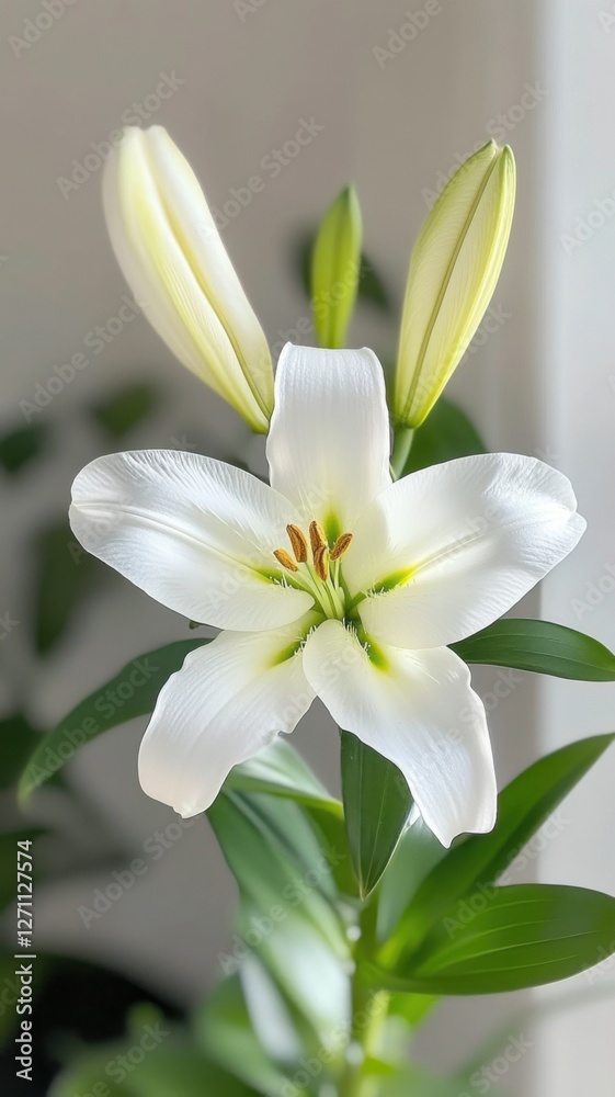 Elegant white lily with buds in soft natural light Elegant white lily with buds in soft natural light
