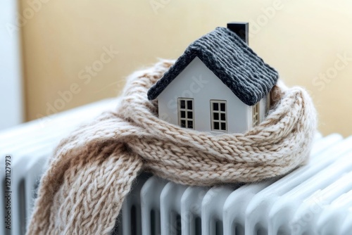 A cozy home wrapped in a scarf sits atop a radiator, perfect for a warm and toasty display