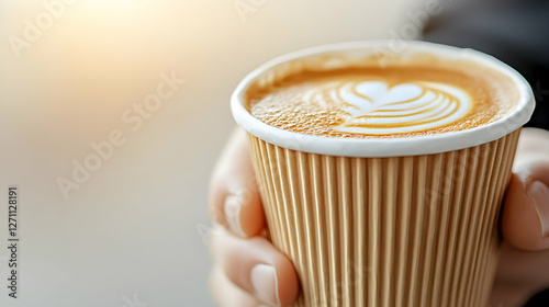Person holding hot latte with heart art in to-go cup. To enjoy coffee break