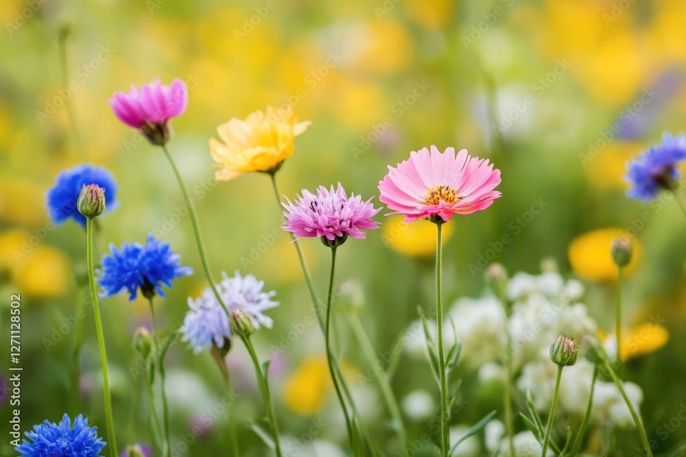 A collection of colorful flowers growing among the green grass A collection of colorful flowers growing among the green grass