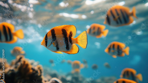 Summer tropical snorkeling scene with vibrant coral reefs and schools of fish photo