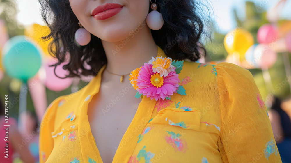 Fototapeta premium Woman in festive attire with spring corsage, celebrating Women's Day amidst balloons and banners.