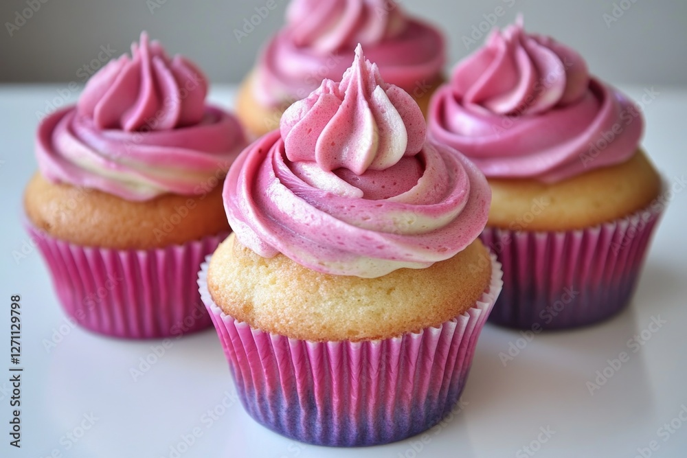 Three colorful cupcakes with pink frosting on a table, perfect for parties or events Three colorful cupcakes with pink frosting on a table, perfect for parties or events