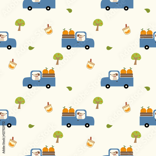 Dog drive truck orange cartoon so cute. On tree leaf orange juice background. Pattern seamless vector illustration. 