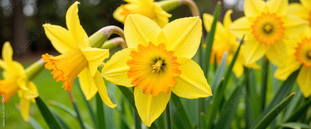 Vibrant yellow daffodils in full bloom, spring garden beauty Vibrant yellow daffodils in full bloom, spring garden beauty