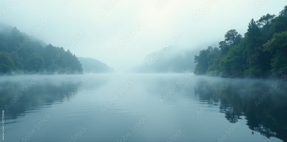 Fototapeta premium Cloudy whisper of mist on a serene lake surface, calm water, peaceful atmosphere