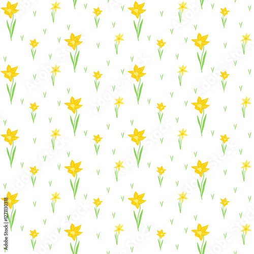 Spring first blooming in a garden flower, yellow daffodil or narcissus, jonquil, hand drawn seamless pattern.
