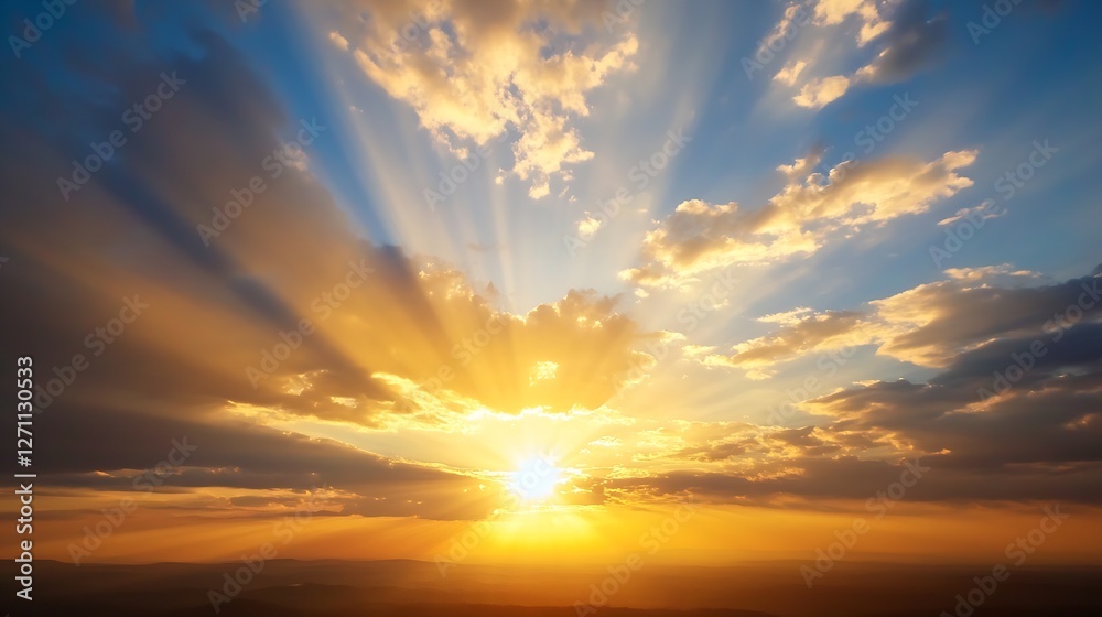 Stunning sunset with rays of light breaking through colorful clouds illuminating the vast horizon in a serene atmosphere : Generative AI Stunning sunset with rays of light breaking through colorful clouds illuminating the vast horizon in a serene atmosphere : Generative AI