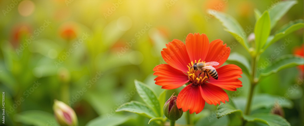 Obraz premium Bee perched on bright red flower in tranquil park, nature's beauty