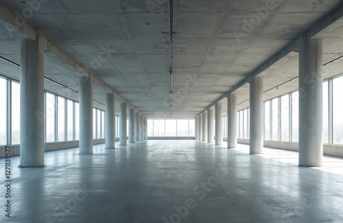 Vast empty area with concrete floor, ceiling, round columns in empty car park. Perspective view of industrial space, hall for product presentation, car showroom, storage warehouse, business meeting. photo