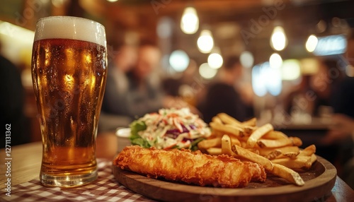 Fototapeta Naklejka Na Ścianę i Meble -  Pub meal fish, chips, beer, salad. Busy background