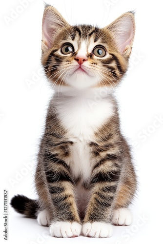 Cute Tabby Kitten Sitting Upright, Looking at Camera, Studio Shot on White Background